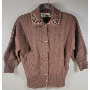 Vintage Toby Berman Wool Knit Cardigan Pearl Beaded Collar Brown Women's